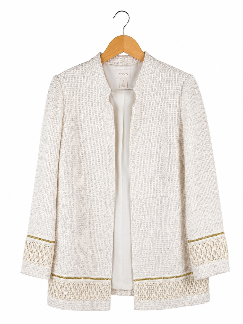 Chico’s Cream Tweed Metallic Open Front Jacket Size 2 US 12 14 Career Blazer